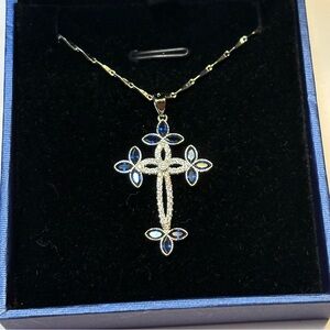 marquise blue lab made sapphire diamond cross pendant necklace sterling silver